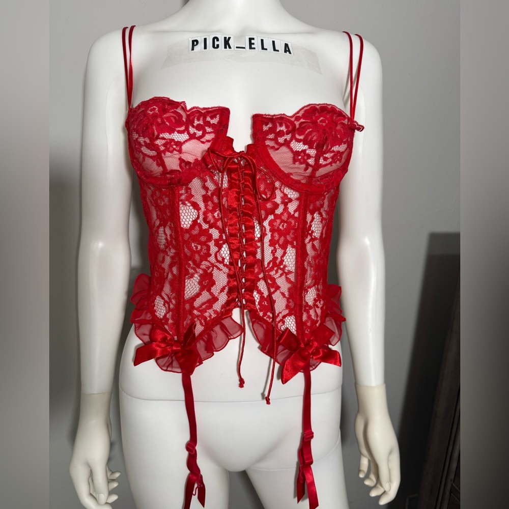 34B,34C❤️VS 80s RARE Victoria’s Secret Vintage GOLD LABEL red Floral Lace Corset